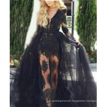 Black Open Leg Sexy Elegant Long Prom Dress with Detachable Train